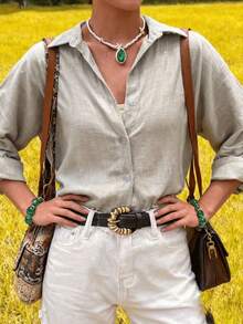 Women's Casual Linen Solid Color Rolled Cuff Button Detail Turndown Collar Long Sleeve Cardigan - Grey - View 5