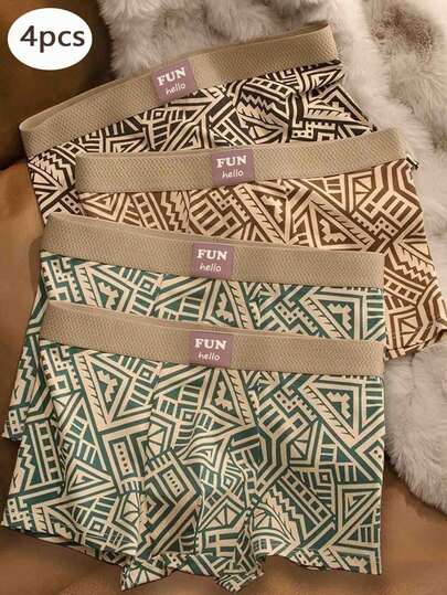 4 件男士平角内裤，舒适涤纶，柔软，适合运动、拳击、休闲穿着，复古风格男士内裤