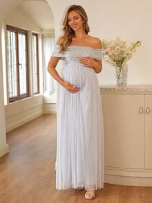 Joyfunear Pregnant Women's Off-Shoulder Sequin Contrast Mesh Long Dress