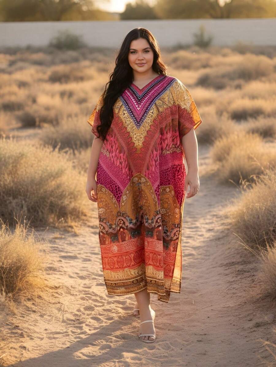 Gypsie Blu Plus Size Kaftan Dress For Women Loungewear Nightdress Summer Night Gown Maxi Length Caftan - 黃色和粉紅色 - 查看 1