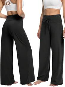 4Pack Wide Leg Palazzo Pants For Women - High Waist Casual Beach Lounge Pants Loose Dress Pants Stretchy - Black + Black + Black + Black - 查看 2