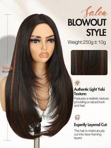 Long Layered Straight Yaki Wig Middle Part No Bangs Glueless Wig Pre Cut Put On And Go High Density Heat Resistant Fiber None Lace Wig For Women Daily Life Or Party Use 26inch Long(Highlight Brown) - Brown Highlight - View 5