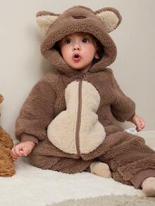 mini bala Baby Coral Fleece Romper Warm Cute Animal Style Jumpsuit Winter 2025 - Coffee - View 2