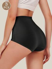 MEIYATING 3pcs Women's Underwear, Comfortable Fit, High Waist Tummy Control, Breathable - Black - View 3