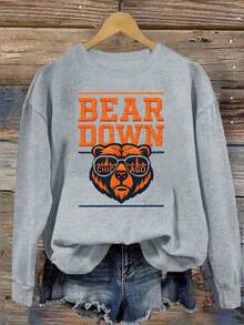 Christmas Outfit Women Plus Size, Chicago Bear Head Print Sweatshirt, Round Neck Casual Sweatshirt, Suitable For Autumn And Winter, Plus Size Women's Loose And Comfortable Thanksgiving Outfit Women - Grey - View 9