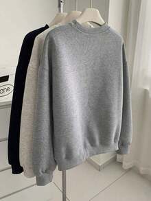 Christmas Outfit WomenWomen Gray Rib-Knit Pullover Sweatshirt With Long Sleeve Round Neck And Paris Embroidery Casual Fits, Featuring A Comfortable Round Neck And Long Sleeves With Rib-Knit Details For Everyday WearLoose And Comfortablewinter Clothes For Women - 灰色 - 查看 10