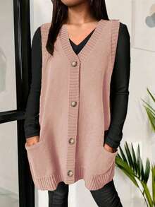 大码秋冬大码时尚休闲纯色V领单扣口袋设计开衫中长款毛衣背心适合户外旅游游玩拍照穿着早午餐服装女