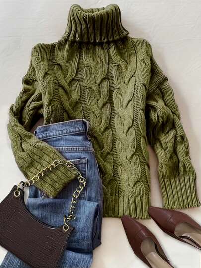 秋冬优雅时尚休闲舒适棕色扭绳剑麻纹纹理高领长袖毛衣针织套头衫，女装秋装，女装冬装，秋季上衣，工作/办公室，商务休闲女装