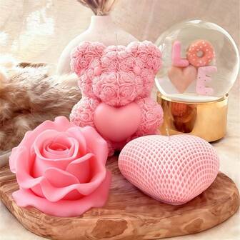 3件套坐姿玫瑰泰迪熊硅胶模具，DIY网格编织心形树树脂硅胶模具，浪漫玫瑰造型石膏粘土蜡烛制作工具套装，婚礼回礼，烛光晚餐家居装饰，易脱模，可重复使用