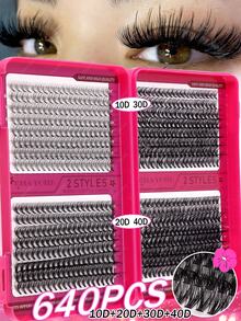 640片装单根假睫毛，D卷度，10-16mm，DIY睫毛簇，30D+40D+50D+60D+80D+100D防水假睫毛，亲肤材质，放大双眼，轻松打造自然眼妆，可重复使用，适合新手
