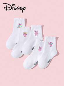 Disney 1/5/10 Pairs Spring/Summer Children/Girls Campus Socks/Lace Socks/Short Socks, Cute Sweet Cartoon Stitch Pattern Decor, Simple Soft Skin-Friendly White College Style Mid-Calf Socks, Versatile Breathable Moisture-Wicking Comfortable Durable Sports Socks, Suitable For Classroom/New Semester/Back To School/Student/Campus Season Outfit, Casual Sports, Home Relaxation
