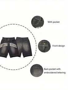 Y2K High-Street Style Denim Shorts, Distressed Washed And Frayed Design,  Letter Print Loose Wide-Leg Mid-Length Shorts, American Street Style  Pants. - 黑色 - 查看 4