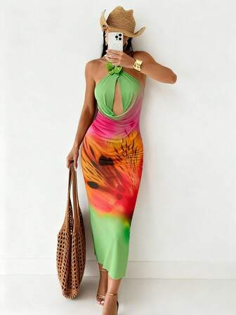 Women's Backless Floral Sheer Swimsuit Cover Up, Suitable For Vacation And Beach Wear