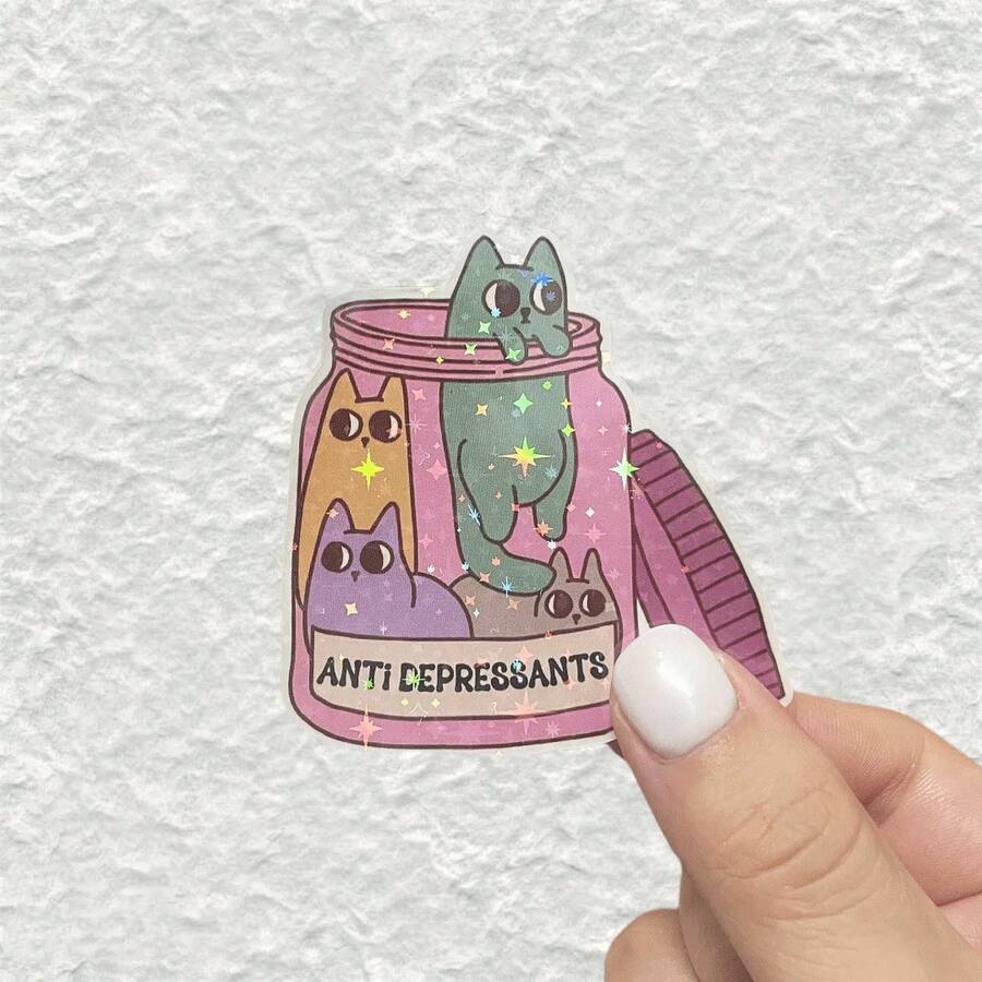 Cute Cat Antidepressant Funny Vinyl Sticker Decal Suitable For Decorating Books Water Bottles, Phone Cases, Laptops, Skateboards, Tumblers, Suitcases, Hard Hats - 彩色 - 查看 1