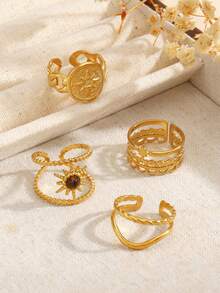 4pcs/Set Fashionable & Elegant 18K Gold Plated Stainless Steel Star Sunflower Flower Open Rings, Suitable For Women's Daily Wear