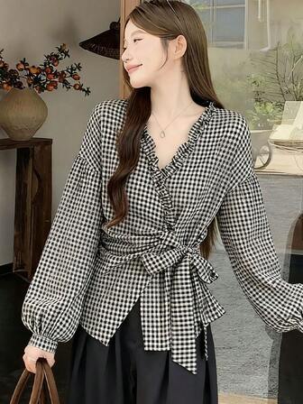 Women's Casual Plaid Knot Ruffle Hem Blouse, Autumn