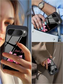 Floral Painted Pattern Glass Phone Case, Suitable For Google 10/9/8/7 Devices, Protective Cover For Daily Use - Black - View 4