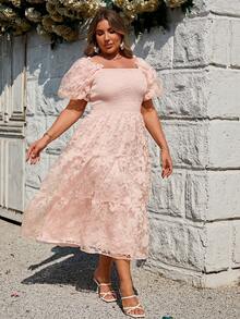 Simplee Plus Size Women's Spring/Summer New Cutout Mesh Puff Sleeve Dress, Elegant For Party, Wedding, Date Wear - Pink - View 2