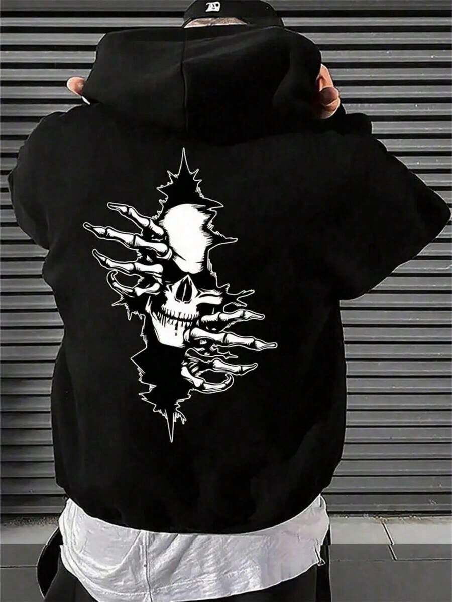 Halloween Hoodie Pumpkin Spider Sweater Printed Hoodie Men, All Saints'Day Human Skeleton Back Print,Single-Layer Fleece, Casual And Comfortable Velvet Street Wind Long-Sleeved Hooded Sweater, Autumn And Winter Sports Top Hoodies.Warm And Comfortable - 黑色 - 查看 1