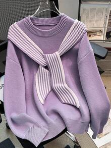 Women Long Sleeve Crew Neck Solid Color Sweater, Fashionable Casual Navy Style Striped Contrast Color Scarf Decor Loose Knit Top, Autumn/Winter