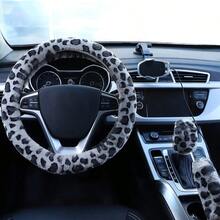 Accmor Fuzzy Car Steering Wheel Cover Universal Fit Fur Auto Wheel Cover And Handbrake Cover And Gear Shift Cover Set Leopard Winter Warm Fluffy Vehicle Wheel Protector Car Accessories For Men Women - Báo hoa mai xám nhạt/xám đậm - Xem 3