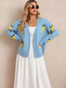 Plus-Size Women's Fall And Winter Fashionable V-Neck Long-Sleeve Knitted Cardigan, With Mango Jacquard Color-Blocking Design, Ideal For Sweet And Casual Daily Wear And School Outfits.