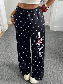 Pantalones de pierna ancha con estampado de estrella americana para mujeres, pantalones casuales de cintura alta estilizantes con estampado de letra LOVE en todo el diseño, para primavera/verano - Negro - Ver 8