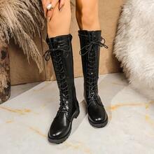 Women's Knee-High Black Boots With A Side Zipper For Easy On And Off - Comfortable Fit For Women Up To 1.18 Feet Tall, Adjustable With A Front Lace-Up, Suitable For Larger Leg Sizes, Casual And Perfect For Plus-Size Women. - 黑色 - 查看 4
