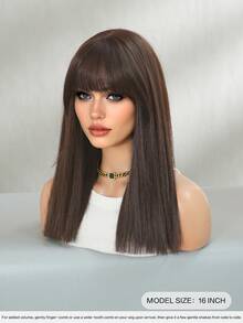 7JHH WIGS High Quality 16-Inch Shoulder Length Straight Brown Wigs For Women - Elegant Linen Brown Wig With Bangs, Soft Silky Heat-Resistant Synthetic Fiber Hairpiece For Daily Wear, Perfect For Holidays Cosplay & Music Festival Use, Graduation Gift & Mother's Gift Wig Accessory - 棕色 - 查看 4