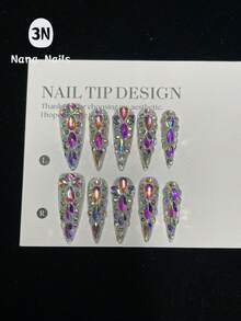 1包/10片装按压式美甲片，长杏仁形，炫彩尖头美甲 | 爆款全钻全息美甲，适合派对和日常佩戴，女士美甲用品 - 銀色 - 查看 5