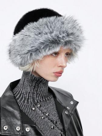 1 pieza Sombrero de mujer de peluche de color contrastante y cálido, adecuado para atuendo de esquí y accesorios de abrigo