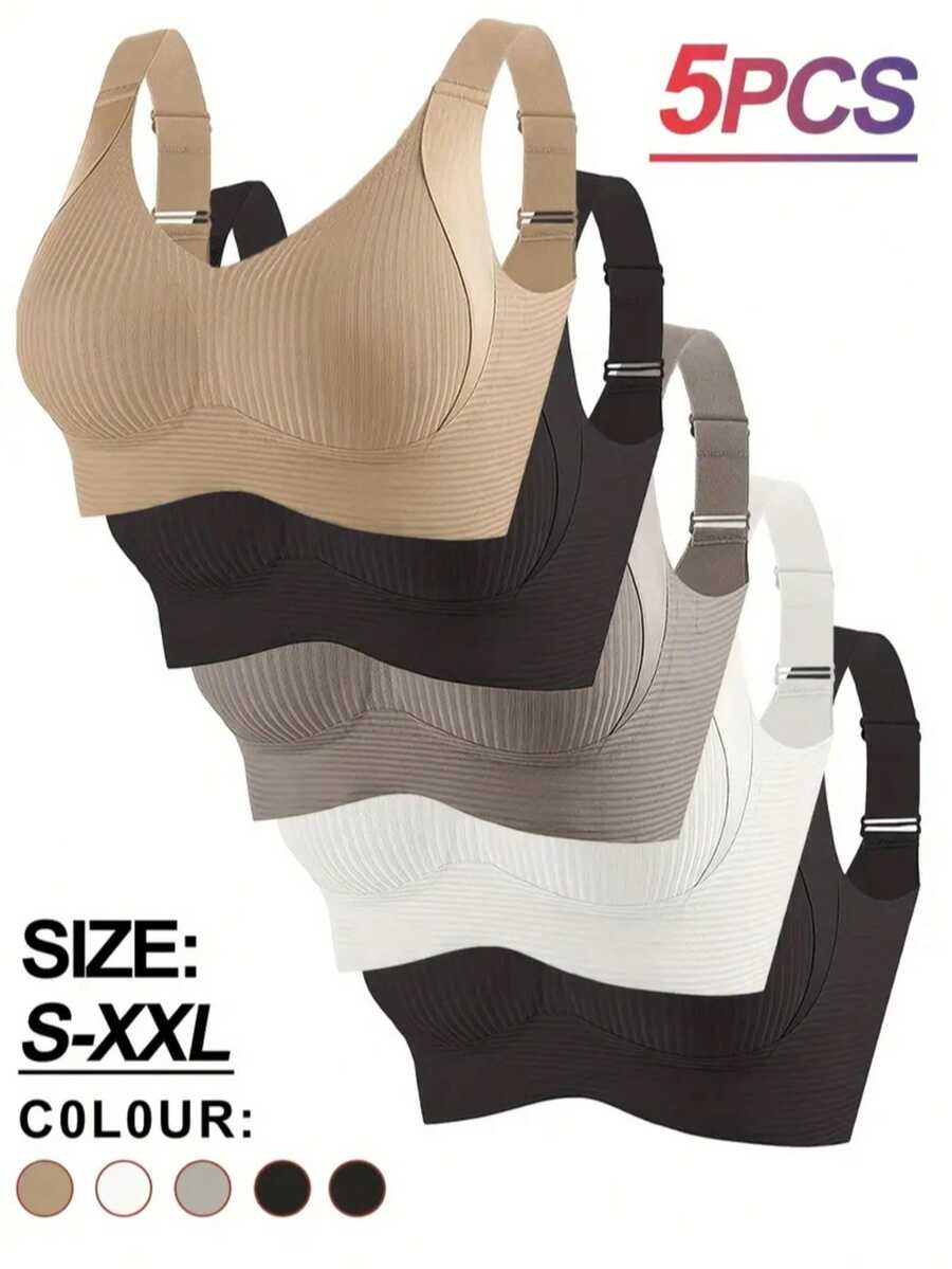 5Pcs Adjustable Strap Wireless Striped Bra Set, S-XXL Multi-Color Comfortable Breathable Bras For Daily & Sports Wear - 彩色 - 查看 1