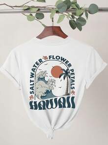Spring And Summer Women's Graphic White Tees, Beach Country Vacation Palm Tree Wave Sun Printed Girls Fashion T-Shirt, Summer Outdoor Necessities Personalized Clothing, Show Your Elegant Multi-Functional Clothing Everyday Wear, Short-Sleeved Round Neck Casual Top