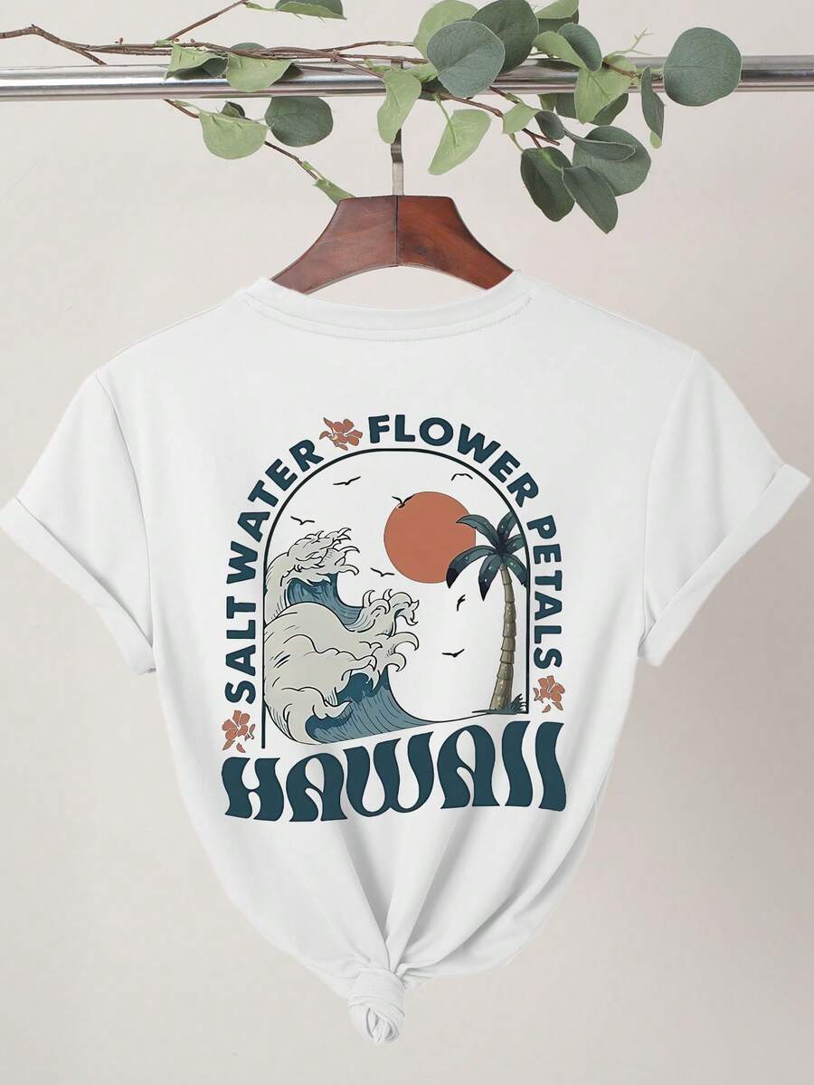 Spring And Summer Women's Graphic White Tees, Beach Country Vacation Palm Tree Wave Sun Printed Girls Fashion T-Shirt, Summer Outdoor Necessities Personalized Clothing, Show Your Elegant Multi-Functional Clothing Everyday Wear, Short-Sleeved Round Neck Casual Top