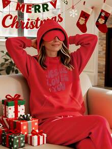 Christmas And Thanksgiving Women's Autumn/Winter Collection Jesus Loves You Bold Print Faith Outfit Essential - Women's Hooded Sweatshirt Long Sleeve Letter Print Drawstring Hoodie - Soft, Casual, Long Sleeve, Kangaroo Pocket, Loose Fit Women's Sweatshirt - Fashionable Clothing, Machine Washable, Autumn And Winter Fleece Warm Lining Soft And Comfortable Autumn And Winter Women's Clothing - Đỏ - Xem 2