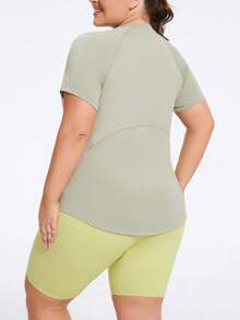Plus Size Short Sleeve Sports Top, Suitable For Curvy Women, Solid Color, Curved Hem, Raglan Sleeve, Ideal For Christmas Workout Wear - Mint Green - View 8