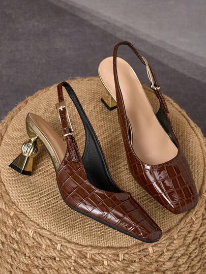 Women's Brown Crocodile Embossed Patent Leather High Heels, Block Heel With Metal Decor, Fashionable And Versatile, Suitable For Work, Evening Events, Dates And More