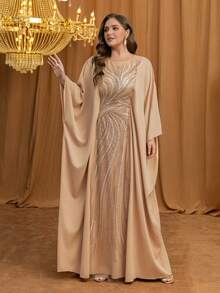 UNITHORSE Plus Women's [Random Cut] Round-Neck Batwing Sleeve Maxi New Luxury High-End Elegant Sequin Lace Patchwork Matte Satin Women's Robe Dress