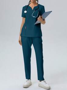V-Neck Pocket Short Sleeve Top And Pocket Pants Protective Clothing Scrub Uniforms Nurse Suit Spring - Dark Green - View 3