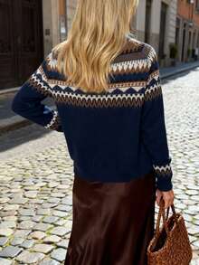 Autumn/Winter Fashion Casual Comfortable Warm Grey Geometric Fairisle Pattern Long Sleeve Crew Neck Button-Up Cardigan - Navy Blue - View 3