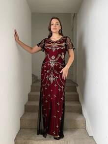 JINLICX Elegant Beaded Ruffle Hem Party Dress Formal Gown For Wedding Event Banquet - Red - View 2