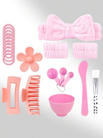 20pcs Pink Headband Face Mask Tool Set, Includes Headband, Wristband, Face Mask Brush, Face Mask Bowl, Hair Clips, Hair Ties, Etc. - Suitable For All Skin Types, Travel-Friendly Skincare And Makeup Set, Christmas And New Year Gift For Women