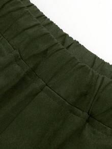 1 pieza Pantalones cargo casuales y sueltos de unicolor de moda para niñas preadolescentes, con múltiples bolsillos, para primavera/otoño - Verde militar - Ver 4