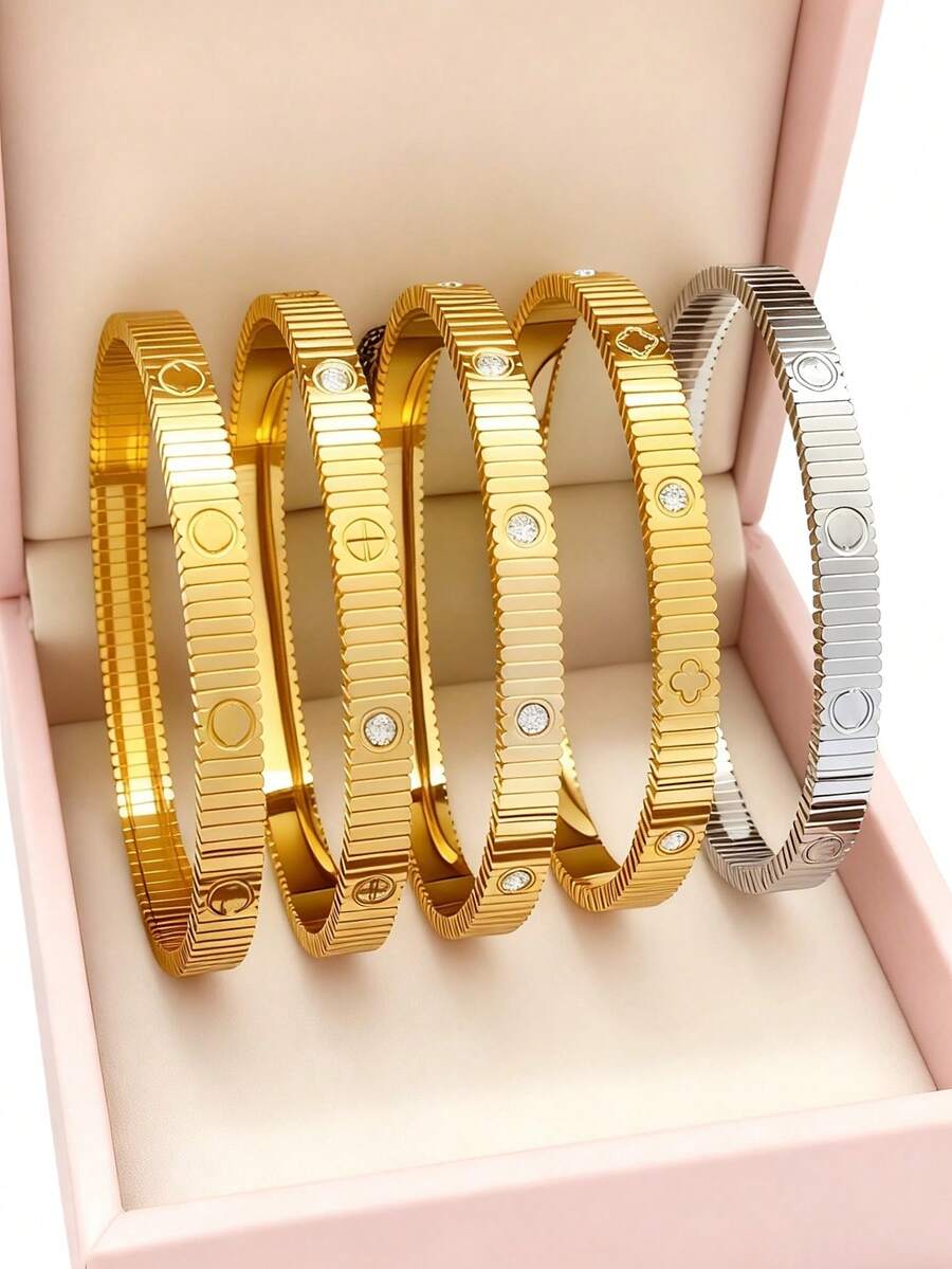 1件不锈钢金色手链，优雅四叶草设计，女士珠宝礼品 - 金色 - 查看 1