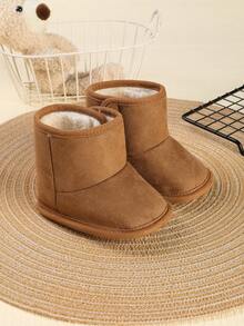 1 Paar Mädchen Einfarbige Stoff Klettverschluss Flache Weiche Sohle Minimalistische Mode Schneestiefel, geeignet für den Winter - Braun - Übersicht 2