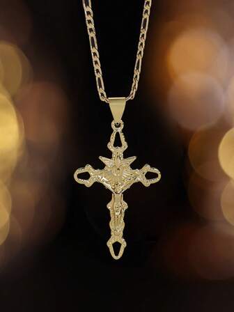 14K镀金耶稣十字架] 复古14K镀金耶稣十字架吊坠项链 | 精致吊坠，结实耐用的链条，适合祈祷和节日祝福，男士日常佩戴