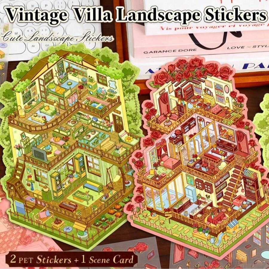 New Large Size DIY Scene Stickers, Adult Landscape Stickers, House Stickers, Scrapbooking Stickers, 3D Miniature House Landscape Stickers, DIY Scrapbook Stickers, Scenery Stickers, Landscape Stickers, Notebook Stickers, Reusable, Multiple Sizes Available Stocking Fillers Funny Gifts - Multicolor - View 1