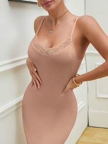 Lace-Trimmed Shapewear Halter Maxi Dress Form-Fitting Sexy Jumpsuit Everyday Opaque Base Layer Wearable As Outerwear Banquet Base Layer (Light Shaping)