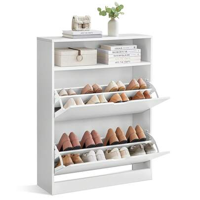 Shoe Cabinet 2 Flip Doors, 3 Tier Shoe Rack, With 1 Open Compartment, Adjustable And Removable Divider, For 11-16 Pairs Shoes, For Narrow Entrance, 24 X 80 X 102 Cm, Cloud White