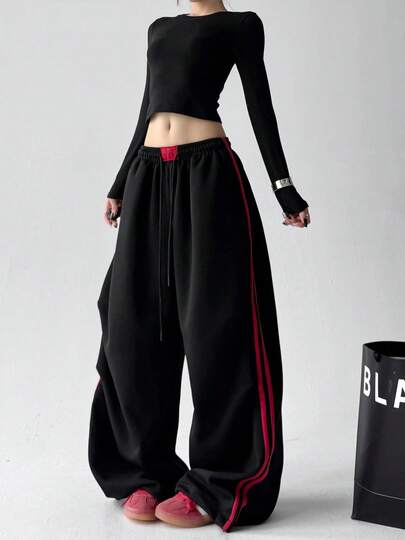 Women's Casual Loose Fit Sweatpants With Side Stripe Color Block, High Waist Straight Leg Pockets, Relaxed Fit Joggers For Daily, Vacation, American Style, Spring/Autumn